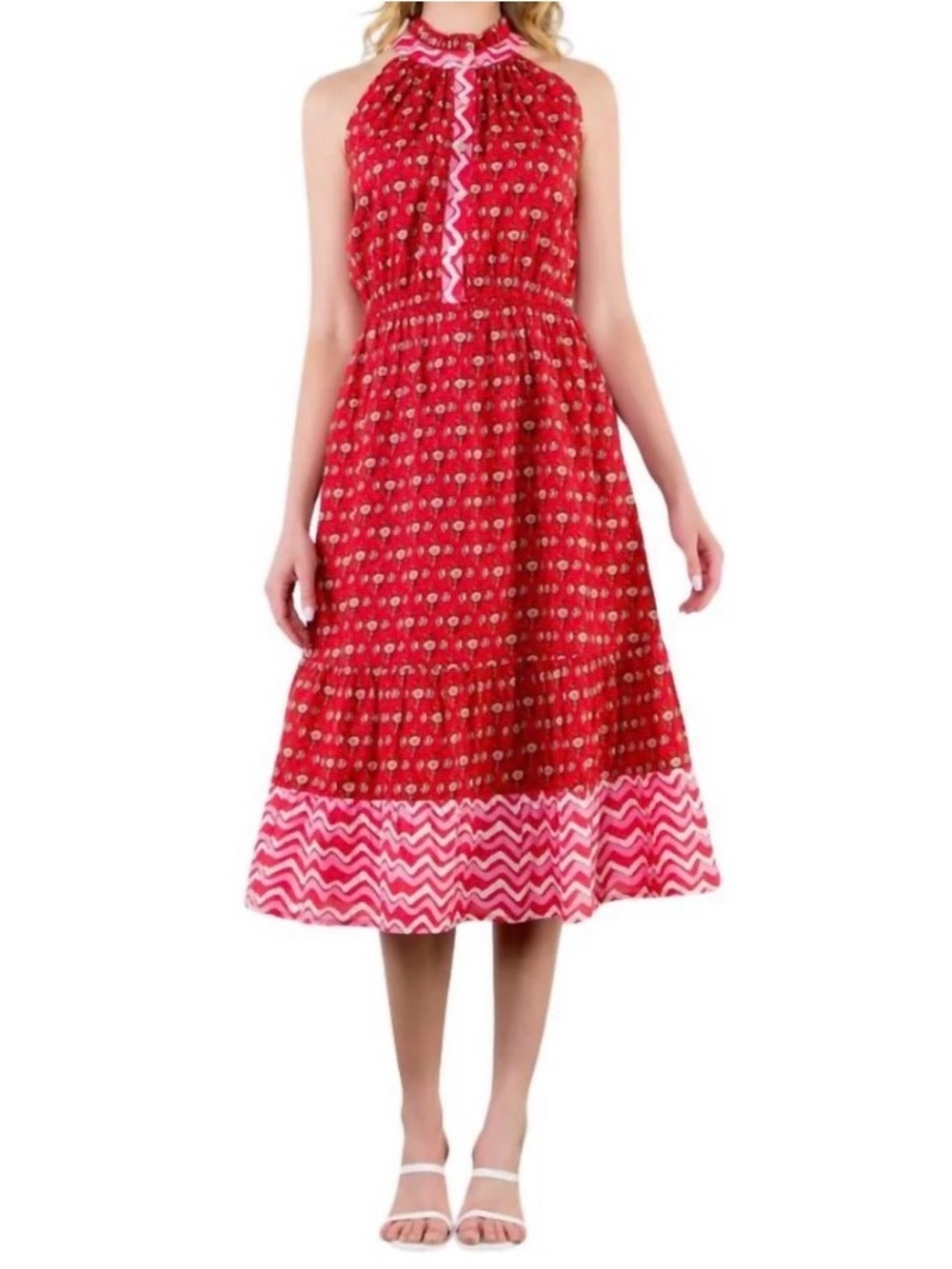 THML Red Halter Dress with Pink Chevron Hem